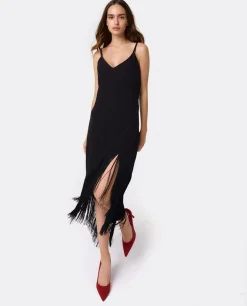 Clearance Cuplé Vestido Flecos Manila Crep Negro