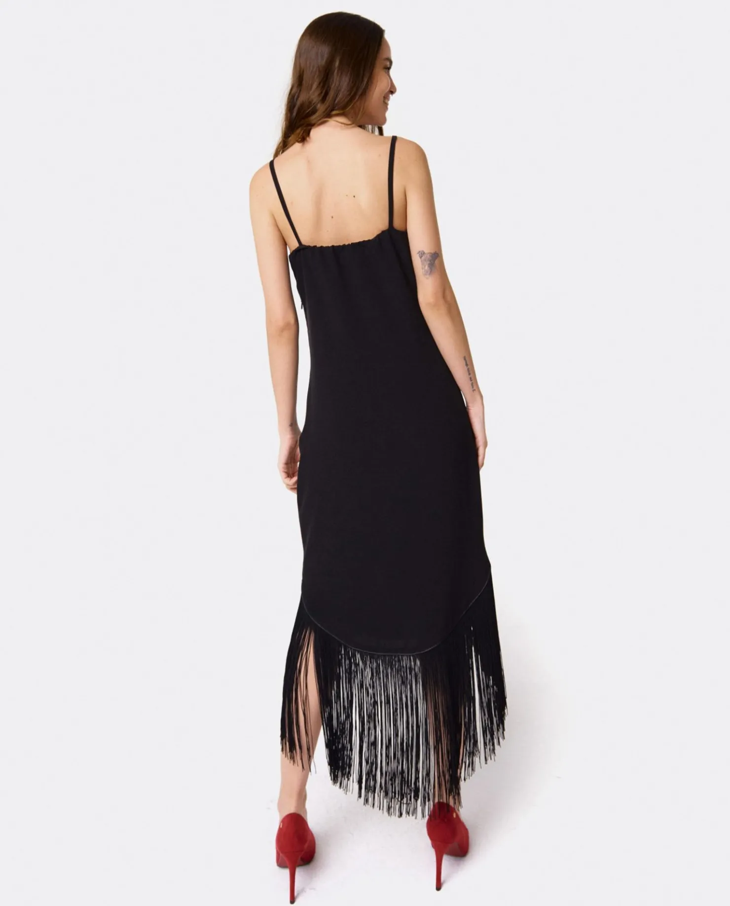 Clearance Cuplé Vestido Flecos Manila Crep Negro