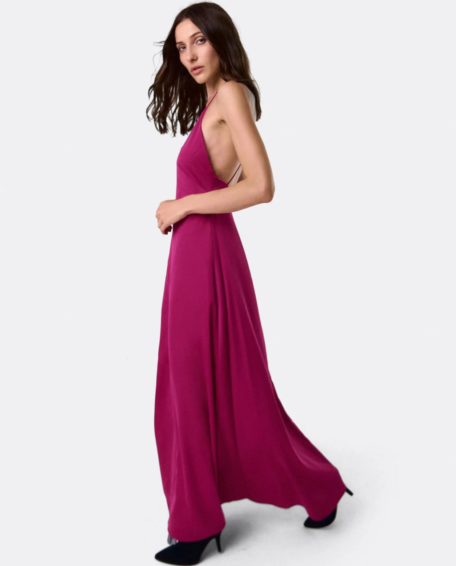 Best Cuplé Vestido Largo Fiesta Tirantes Saten Fucsia