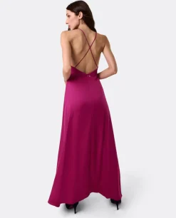Best Cuplé Vestido Largo Fiesta Tirantes Saten Fucsia