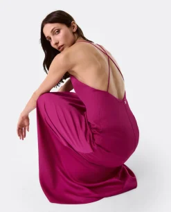 Best Cuplé Vestido Largo Fiesta Tirantes Saten Fucsia