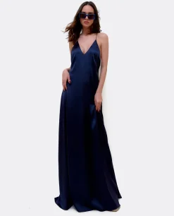 Cuplé Vestido Largo Fiesta Tirantes Saten Marino