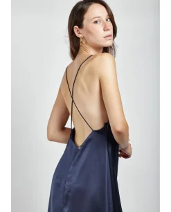 Cuplé Vestido Largo Fiesta Tirantes Saten Marino