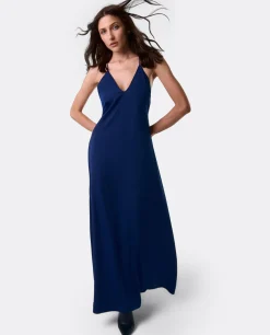 New Cuplé Vestido Largo Fiesta Tirantes Crep Marino