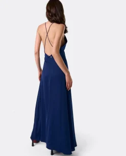 New Cuplé Vestido Largo Fiesta Tirantes Crep Marino