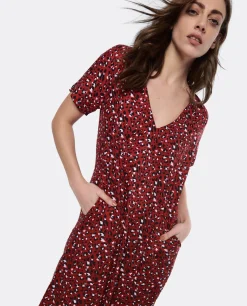 Cuplé Vestido Largo Viscosa Leopardo Rojo