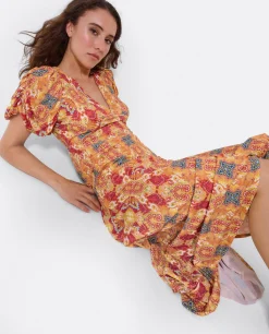 Outlet Cuplé Vestido Manga Abullonada Punto Estampado Cachemira