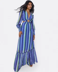 Clearance Cuplé Vestido Midi Aro Delantero Gasa Rayas Azul