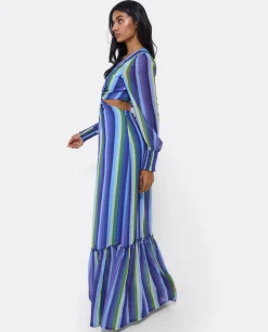 Clearance Cuplé Vestido Midi Aro Delantero Gasa Rayas Azul