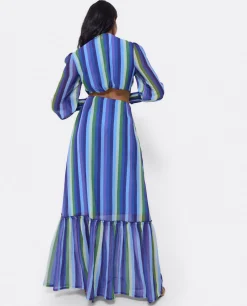 Clearance Cuplé Vestido Midi Aro Delantero Gasa Rayas Azul