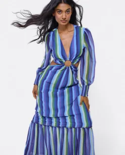 Clearance Cuplé Vestido Midi Aro Delantero Gasa Rayas Azul