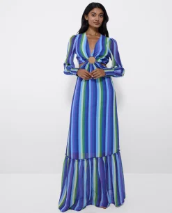 Clearance Cuplé Vestido Midi Aro Delantero Gasa Rayas Azul