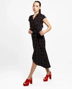 Best Cuplé Vestido Midi Cruzado Crep Lunares Blanco Negro