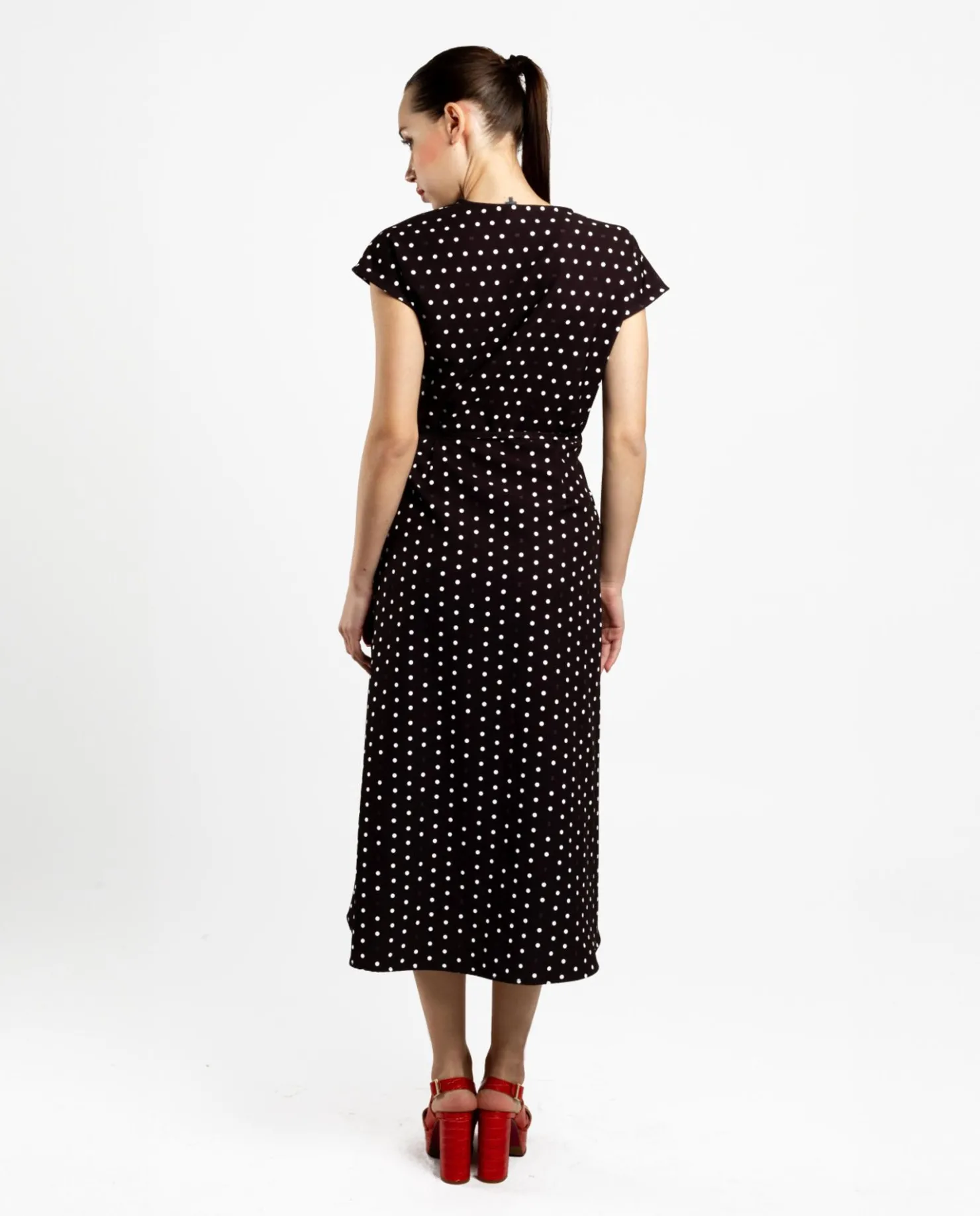 Best Cuplé Vestido Midi Cruzado Crep Lunares Blanco Negro