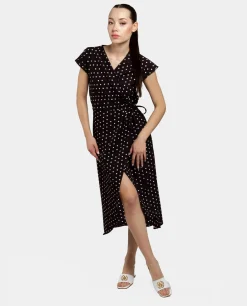 Best Cuplé Vestido Midi Cruzado Crep Lunares Blanco Negro