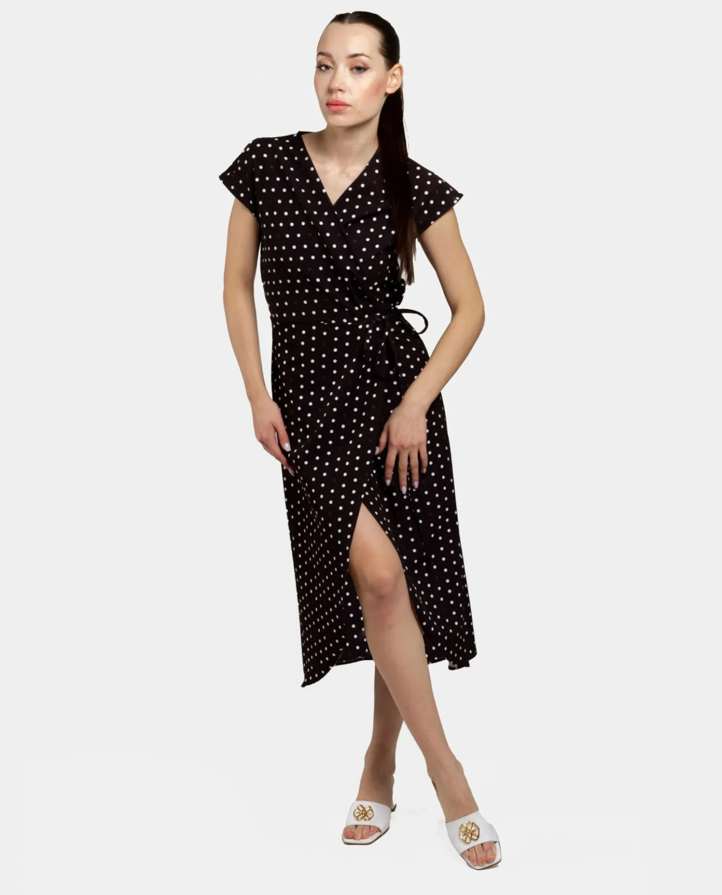 Best Cuplé Vestido Midi Cruzado Crep Lunares Blanco Negro