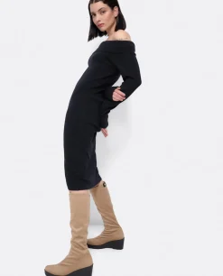 Best Cuplé Vestido Midi Escote Drapeado Punto Negro