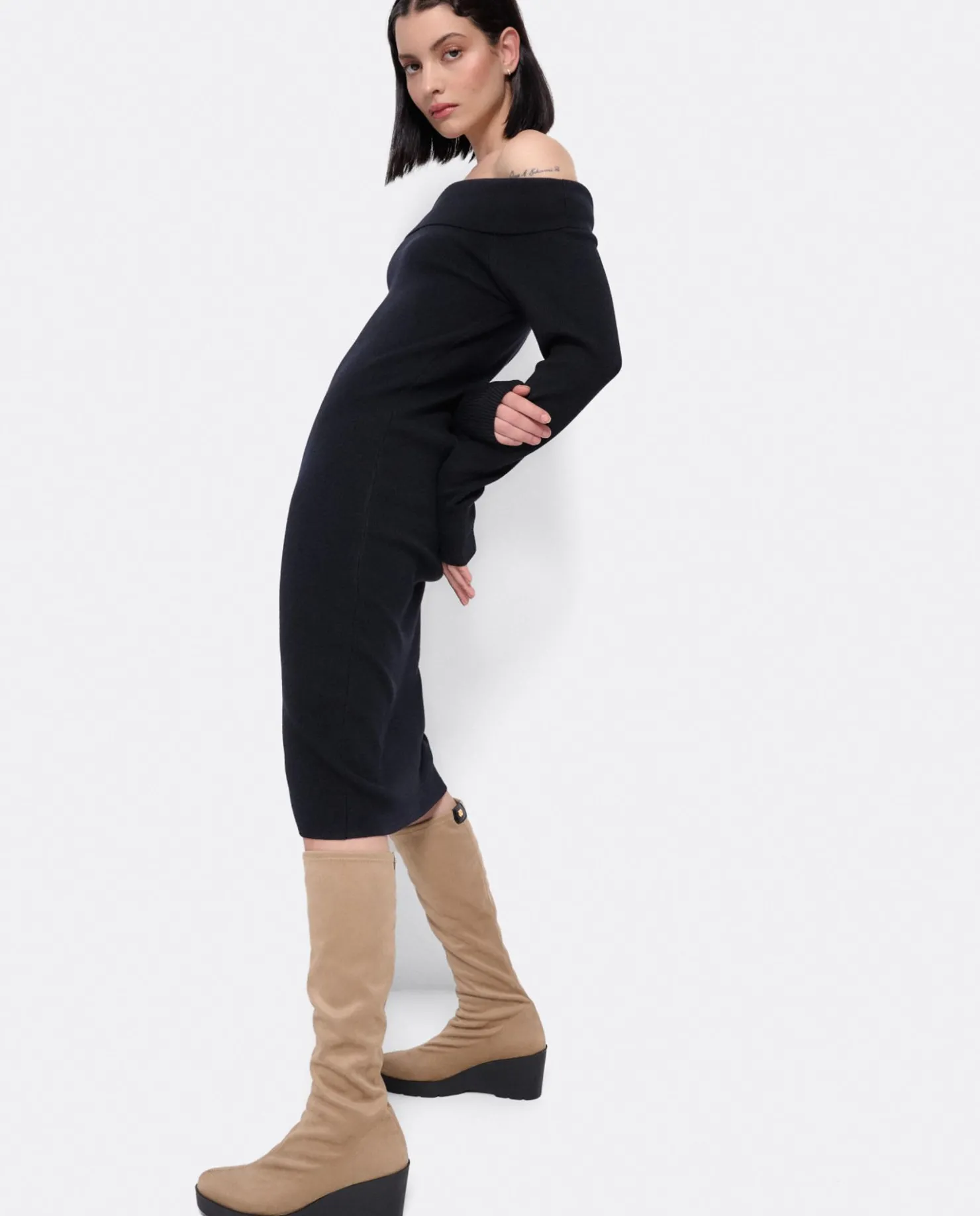 Best Cuplé Vestido Midi Escote Drapeado Punto Negro