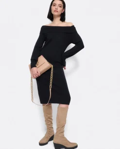 Best Cuplé Vestido Midi Escote Drapeado Punto Negro