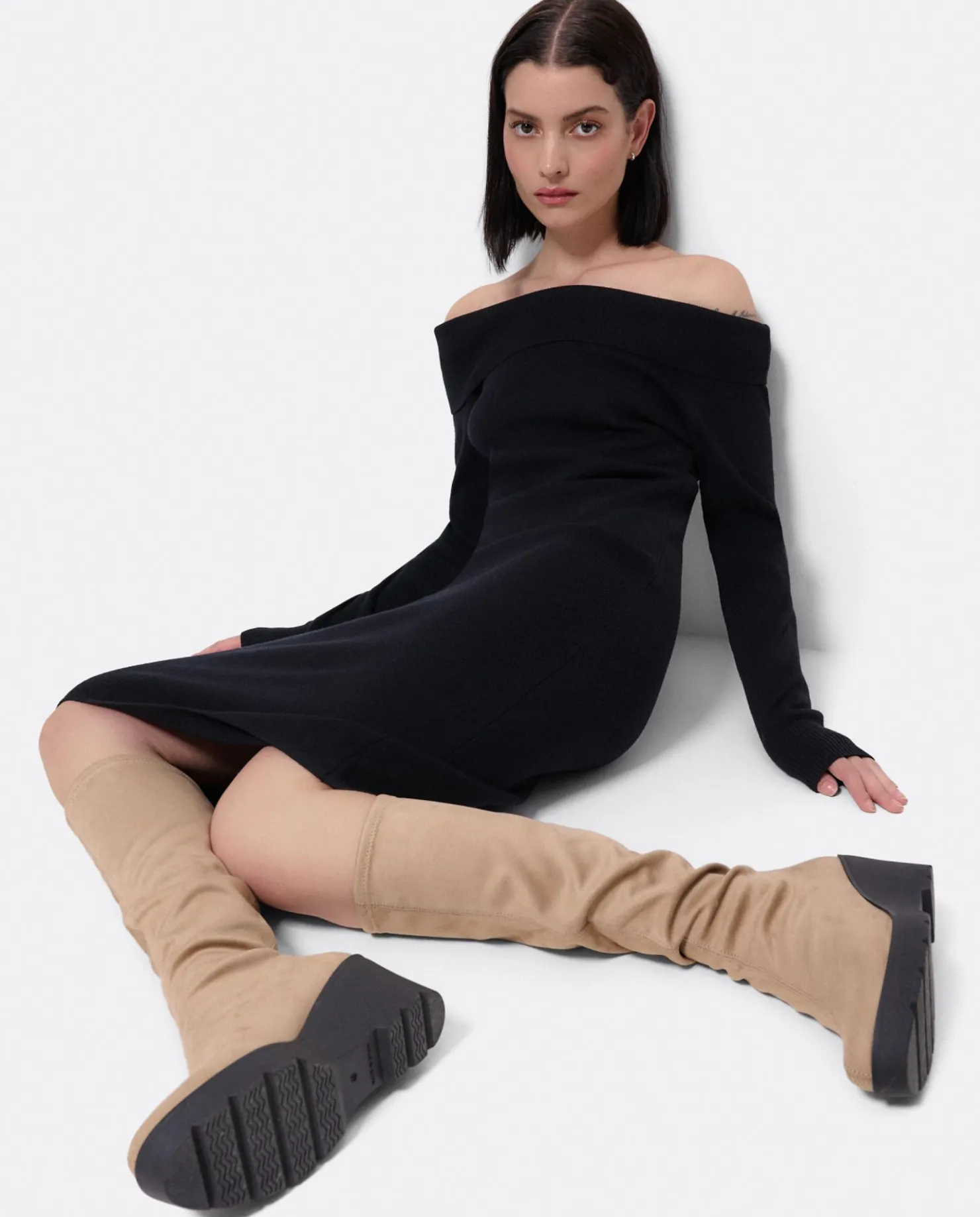 Best Cuplé Vestido Midi Escote Drapeado Punto Negro