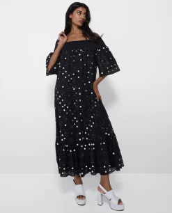 Clearance Cuplé Vestido Midi Espejos Algodon Negro