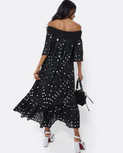 Clearance Cuplé Vestido Midi Espejos Algodon Negro
