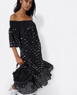 Clearance Cuplé Vestido Midi Espejos Algodon Negro
