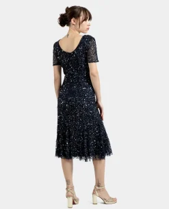 Clearance Cuplé Vestido Midi Volante Lentejuelas Marino