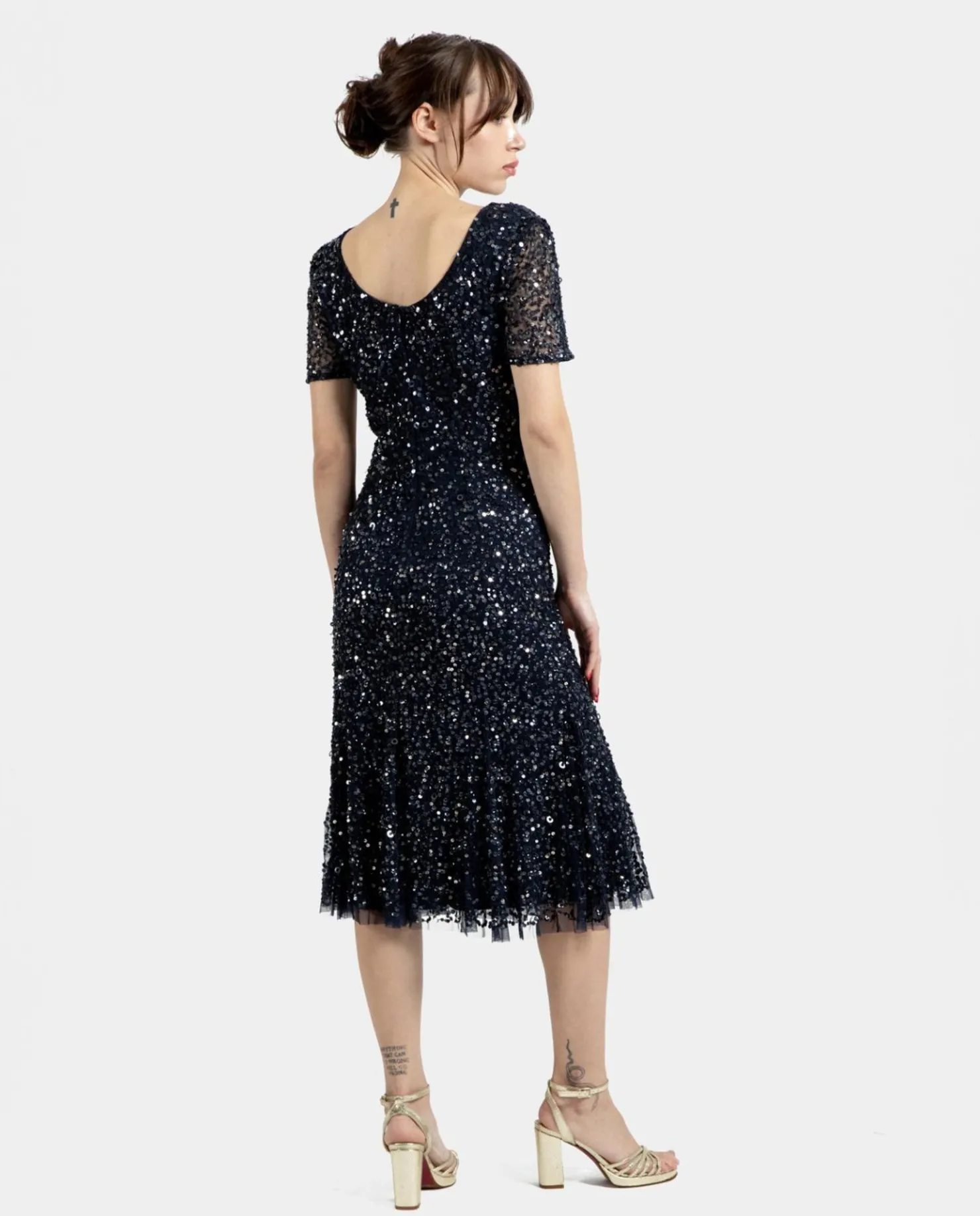 Clearance Cuplé Vestido Midi Volante Lentejuelas Marino