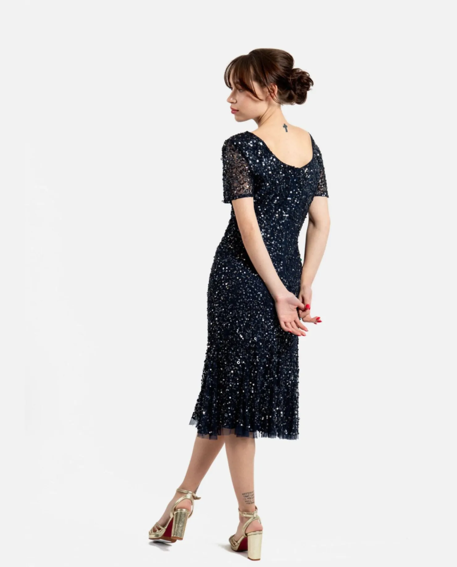 Clearance Cuplé Vestido Midi Volante Lentejuelas Marino