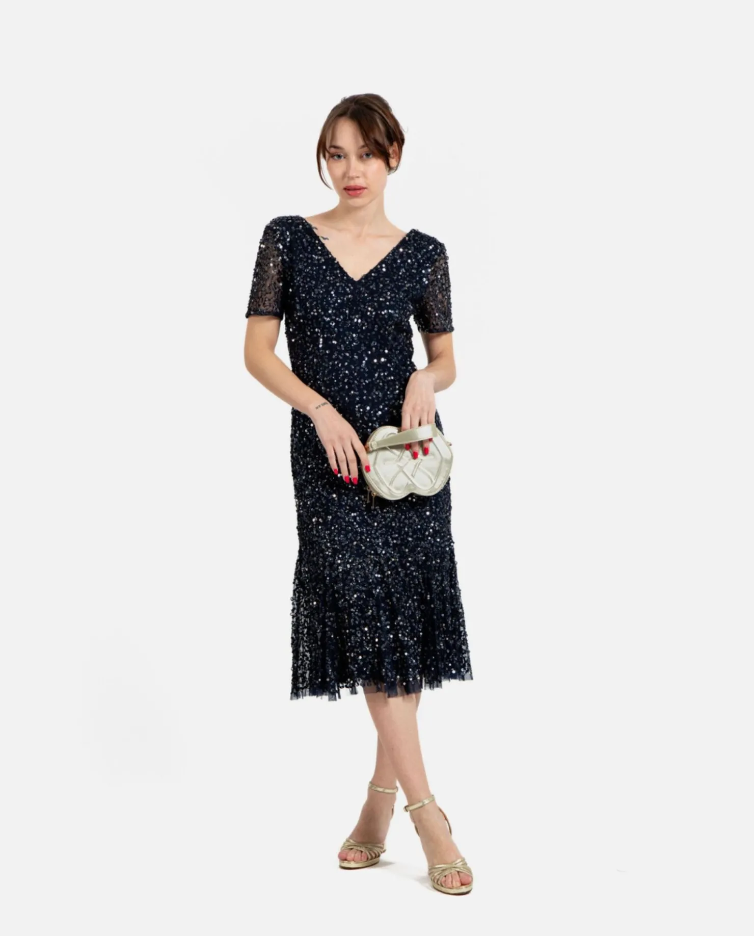 Clearance Cuplé Vestido Midi Volante Lentejuelas Marino