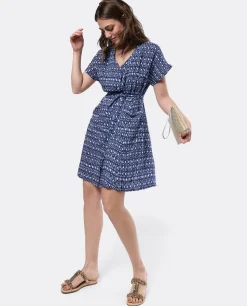 Cuplé Vestido Mini Anudado Viscosa Geometrico Azul